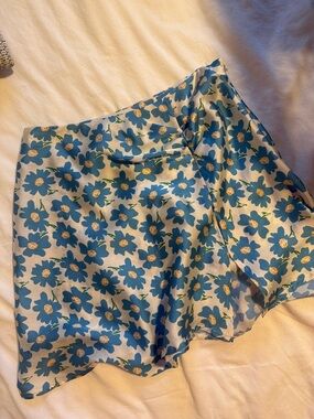 Free People Blue Floral Satin Skort with Yellow Centers